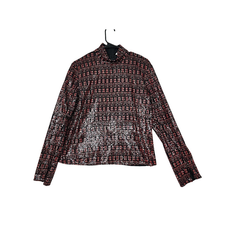 Zara Sequin Top M Women Red Black Mock Neck Long Sleeve‎ Cocktail Party Holiday